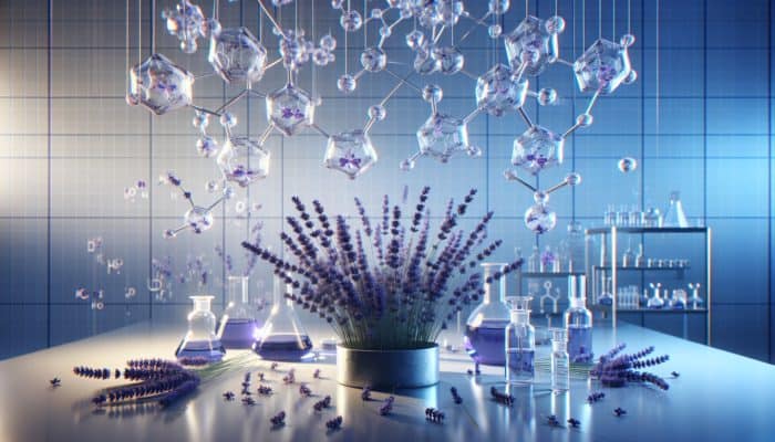 The calming effects of lavender showcased through a serene lab setting with lavender plants and molecular structures of linalool and linalyl acetate, influencing the brain's limbic system.