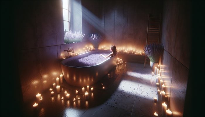 A tranquil bath setting featuring lavender scents and candles, promoting mental calmness and anxiety relief.