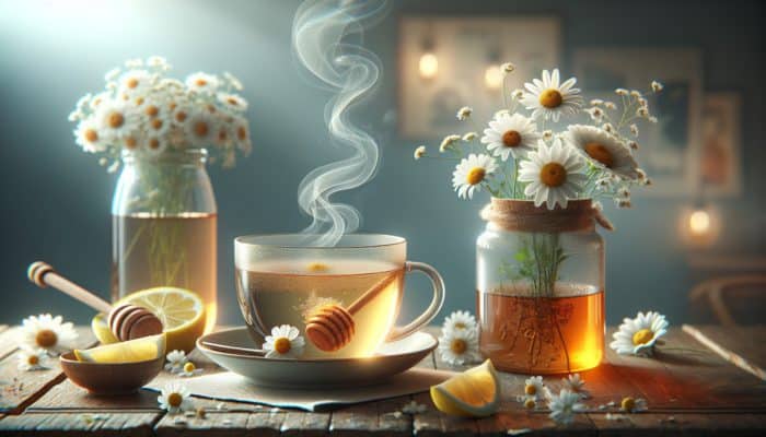 A serene cup of chamomile tea surrounded by floating flowers, steam, honey, and lemon on a cozy wooden table.