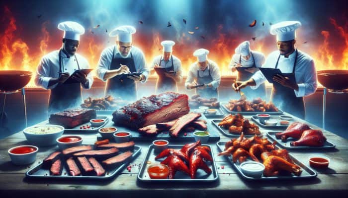 Judges evaluating beef brisket, pork ribs, and marinated chicken at a BBQ competition.