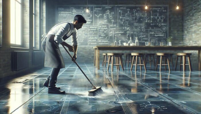Person cleaning slate floors with a mild solution, sweeping debris, rinsing, preparing for polishing.