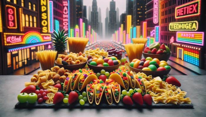 How to Enjoy Vegas Dining with Kids: Colorful kid-friendly dishes like mini tacos and whimsical pasta in a lively Las Vegas restaurant.