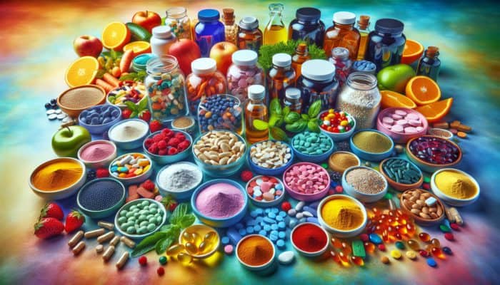 Affordable Supplements for Starters: A colorful table displaying various nutritional supplements in pills, powders, and liquids, enhancing a healthy diet.