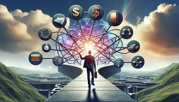 Key Terminology Essential for Understanding Debt Consolidation: A Beginner's Guide | DCL An individual confidently navigating a clear path through a complex financial landscape with labeled signposts under a bright sky.