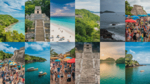 A captivating collage of 12 images showcasing beaches, ancient stone ruins, lush landscapes, ocean vistas, bustling festivals with market stalls, boats on water, and people enjoying sandy shores under both sunny and cloudy skies—ideal for a Belize travel guide.