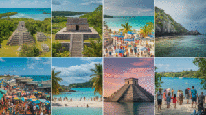 A captivating collage of eight images featuring ancient Mayan ruins, bustling beaches, crystal-clear turquoise waters, a colorful marketplace, enthusiastic tourists, and tropical scenery under Belize's sunny and partly cloudy skies.