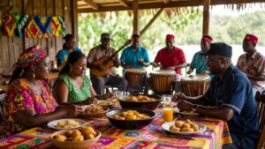 A vibrant gathering of people seated at a table filled with an array of Garifuna dishes and beverages, while musicians dressed in colorful attire play drums and guitars. The lively scene encapsulates the spirited essence of Garifuna culture in an outdoor setting adorned with colorful tablecloths.