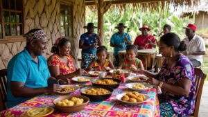 A family gathers around a colorful table outdoors in Belize, enjoying Garifuna cuisine together. In the background, musicians play drums and other instruments under a thatched roof, reflecting the vibrant essence of Garifuna culture. Everyone appears relaxed and joyful.