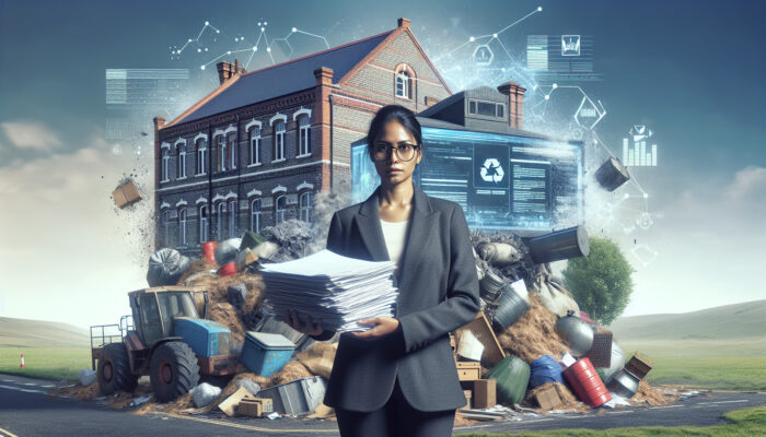 Individual holding council permits in front of a home filled with bulky items and hazardous waste, with a UK town hall in the background.