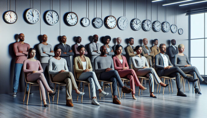 Group of diverse individuals waiting in an office with permit applications and clocks displaying different times.