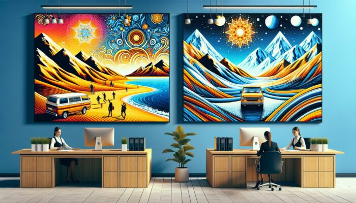 A car rental office with colorful posters showing summer beach and winter mountain scenes, promoting seasonal discounts.