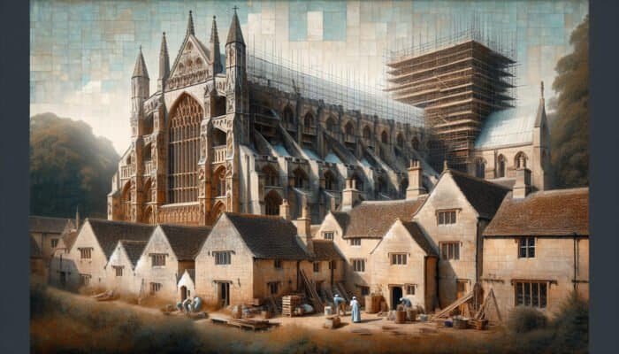 Detailed view of Westminster Abbey and Cotswold cottages, illustrating textured limestone facades and restorers at work.