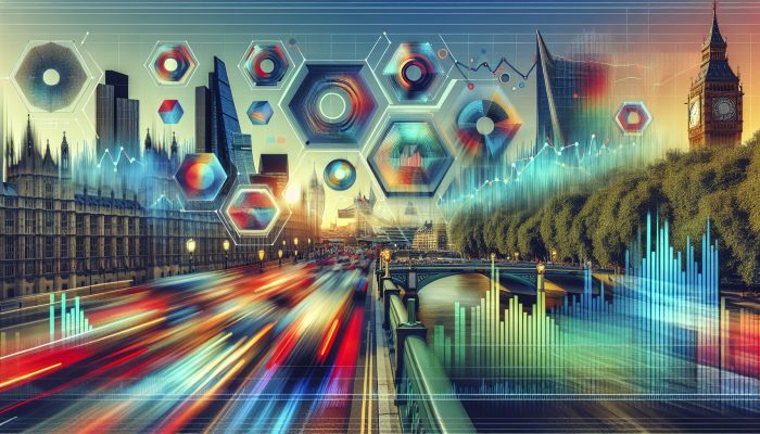 Free Tools to Track Your Debt Consolidation Progress | DCL An advanced dashboard displaying real-time financial data with graphs and charts, set in a vibrant UK city.
