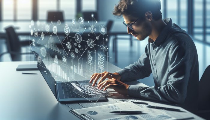 Free Tools to Track Your Debt Consolidation Progress | DCL Individual using a laptop calculator, viewing debt repayment graphs and charts in a contemporary office.