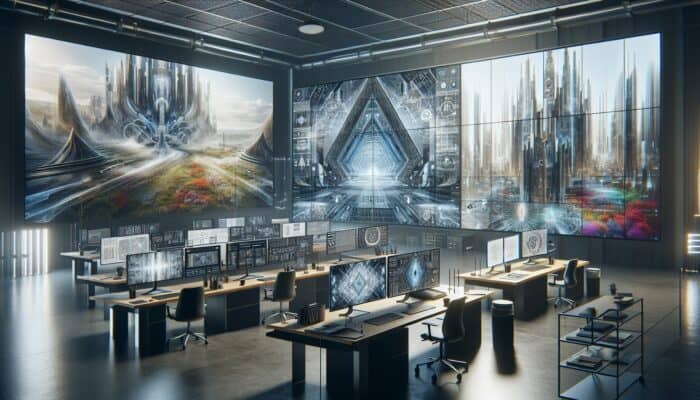 A modern workspace with screens showcasing architectural and landscape images in WebP format, along with browser compatibility charts and fallback options.