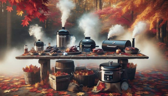 Types of smokers for turkey smoking: electric, charcoal, and pellet smokers on a rustic table surrounded by autumn leaves.