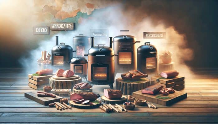 A variety of affordable smokers displayed on a rustic table with meats and smoking woods, warmly lit.