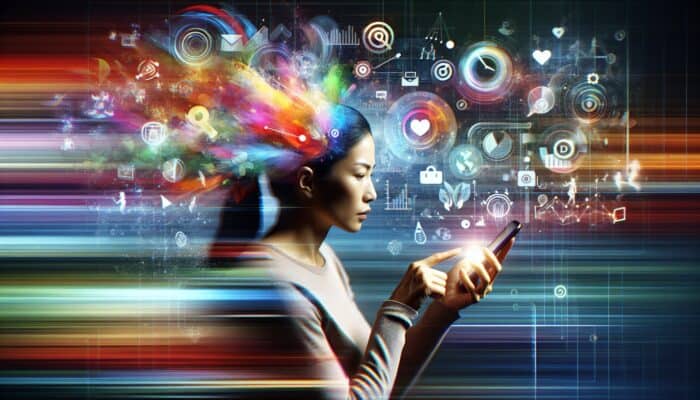A person using a smartphone to search for health tips amidst swirling digital elements, illustrating micro-moments.