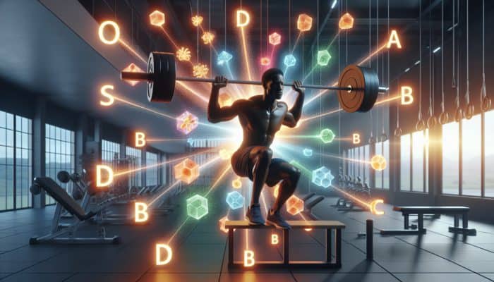 An individual lifting weights with glowing vitamins D, B, and C surrounding them, symbolizing muscle recovery.