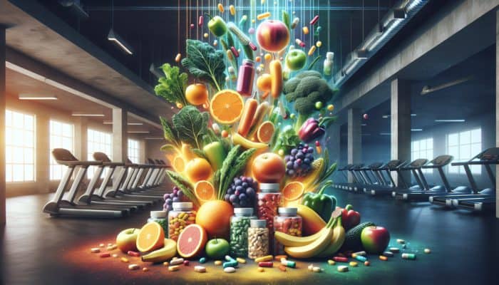 A vibrant display of fruits, vegetables, and supplements in a gym, emphasizing essential nutrients for fitness beginners.