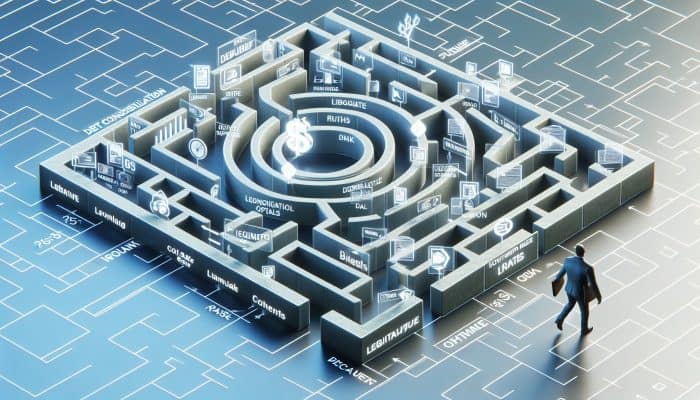 Navigating the maze of financial options, with clear safe routes highlighted, symbolizing debt consolidation loans.