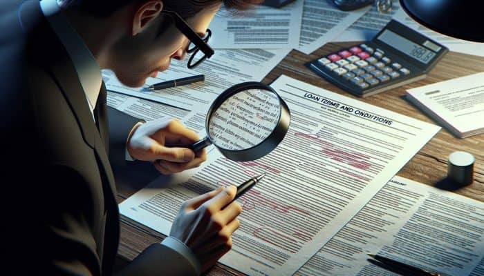 Using a magnifying glass to read Loan Terms and Conditions document, with calculator and pen on desk.