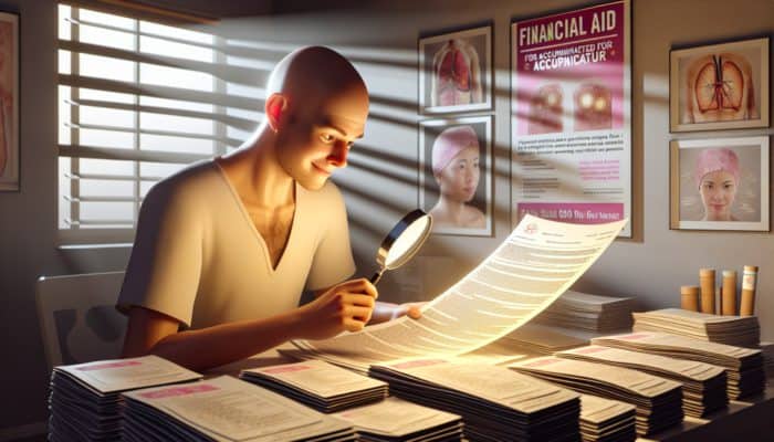 A hopeful cancer patient examines insurance policy details and charity brochures for acupuncture funding.