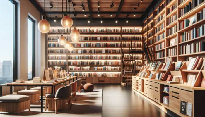 A cozy bookstore in Downtown Las Vegas with warm lighting and wooden shelves full of diverse books.