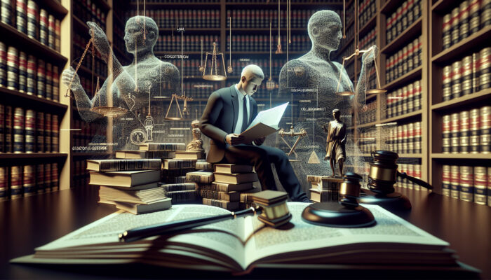 Individual in library reviewing "Legal Considerations for Clearance" document, surrounded by law books, gavel, and scales of justice.