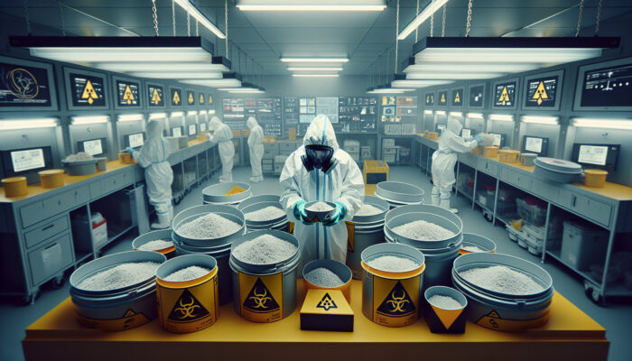 Individual in protective gear managing asbestos, surrounded by labeled hazardous waste containers in a controlled environment.