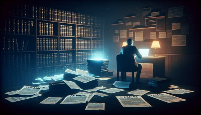 A somber individual in a dimly lit study, surrounded by legal documents and a laptop showing probate forms, reflecting on estate clearance.