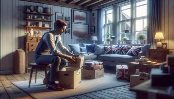 An employee from a clearance company carefully packing sentimental items in a cozy UK home, symbolizing sensitivity during bereavement.