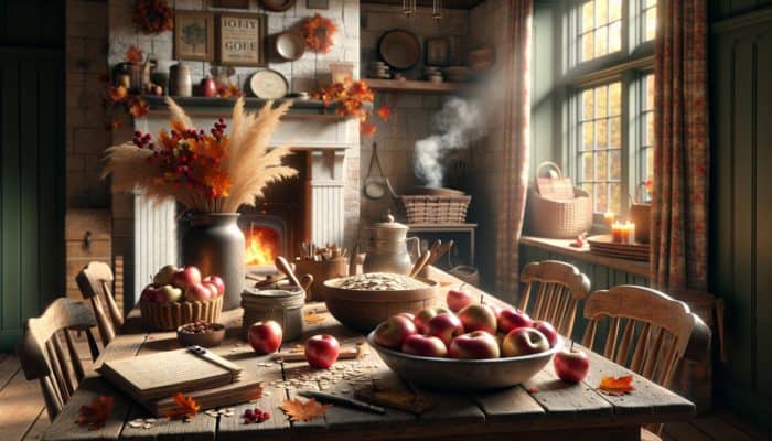 Fresh apples, oats, and smoking wood chips arranged on a wooden table, accented by fall leaves and a fireplace backdrop.