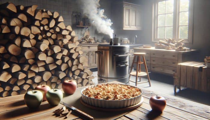 Hickory and applewood logs positioned near a smoker, enhancing the flavor of apple crisp with oat topping.