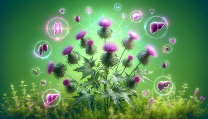 Illustration of milk thistle plants with purple flowers and spiky leaves, surrounded by regenerating liver cells on a green background.