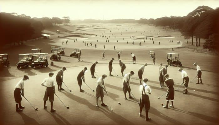 A vintage 1905 scene of Germiston Golf Club, South Africa, featuring a nine-hole course and novice golfers.