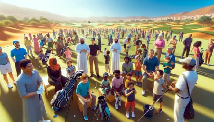 A vibrant community event at Germiston Golf Club featuring diverse groups playing golf, children learning, and a charity tournament under a sunny South African sky.