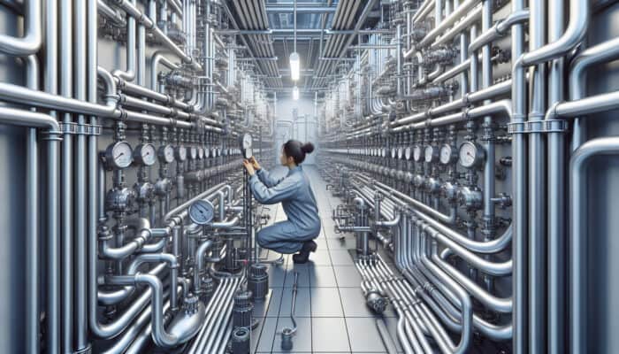A technician examining the pressure gauge of a hydronic heating system in a well-maintained boiler room.
