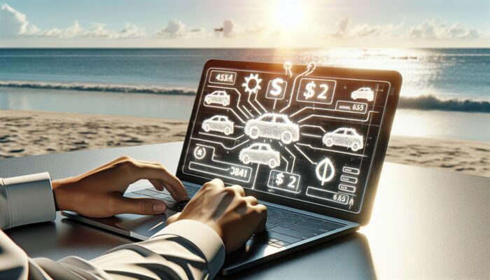 Person on beach using laptop to negotiate car rental terms online, showing car options and prices.