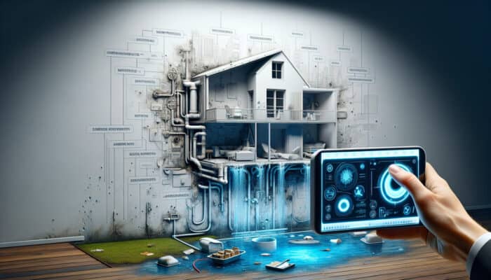 A device scanning a home's plumbing, revealing hidden leaks, wet spots, mold, and pooling water.