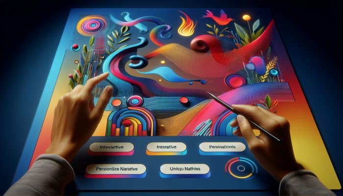 A vibrant digital interface with engaging content, visuals, quizzes, and personalized narratives, featuring a call to action.