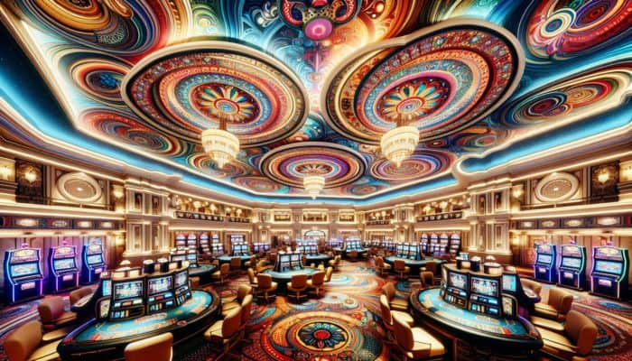 A vibrant Las Vegas casino interior with dazzling lights and a maze-like layout designed to captivate gamblers.