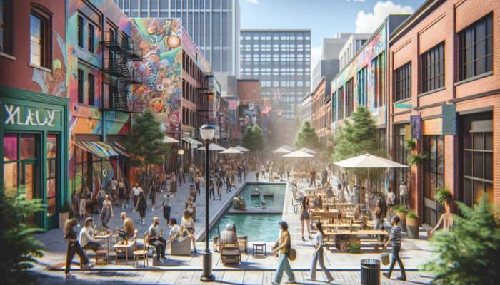 Day Drinking at Velveteen Rabbit Arts District: A bustling street in Velveteen Rabbit Arts District with vibrant murals, sculptures, galleries, live music, and diverse groups enjoying beverages.