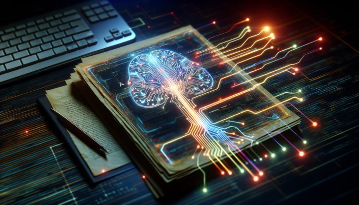 A futuristic AI system with glowing circuits organizing digital text documents on a high-tech interface.