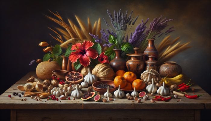 Garlic, hibiscus, lavender, hawthorn, and basil on a rustic table, with African and Asian cultural artifacts.
