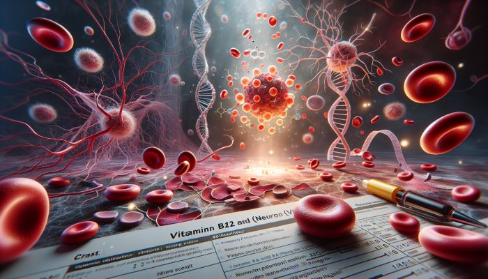 Illustration of Vitamin B12's role in energizing cells and DNA, showing deficiency effects.