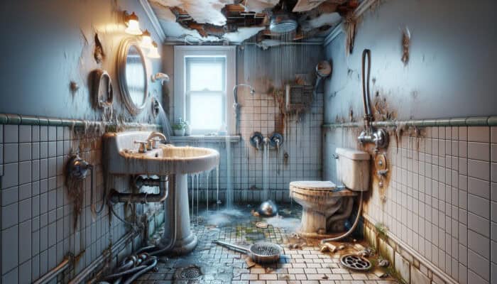 A bathroom displaying various shower issues like leaks, cracks, and mold, necessitating professional repair.