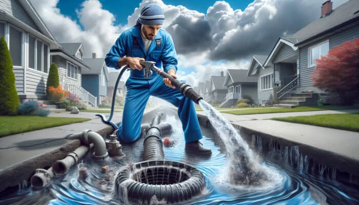 A plumber in blue uniform unclogs a drain with a high-pressure water jet in South Vancouver.