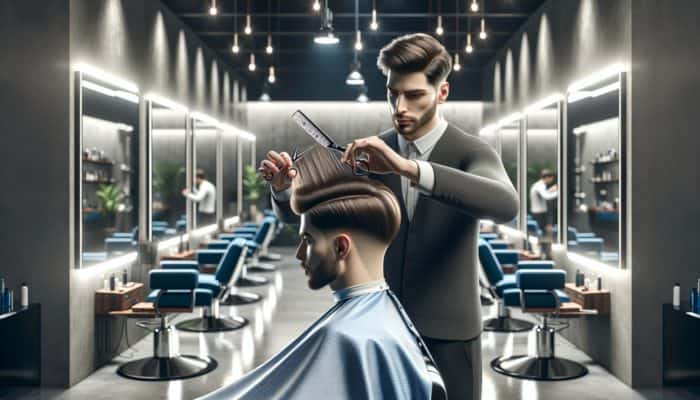 A barber skillfully cutting long layers in a man's hair within a modern salon setting, featuring mirrors and focused lighting.