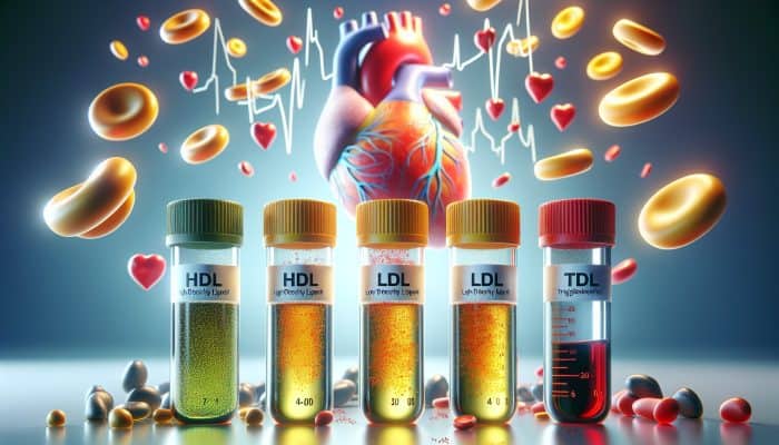 Illustration of cholesterol blood test vials labeled HDL, LDL, triglycerides, with a heart background.